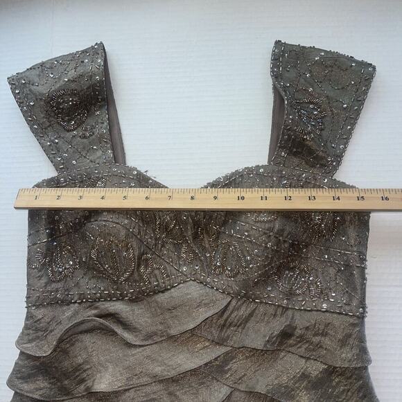 Ignite Evenings Sz 6 Mermaid Sequined Layered Dress Taupe Beaded Mini Gold FLAW - Picture 5 of 14